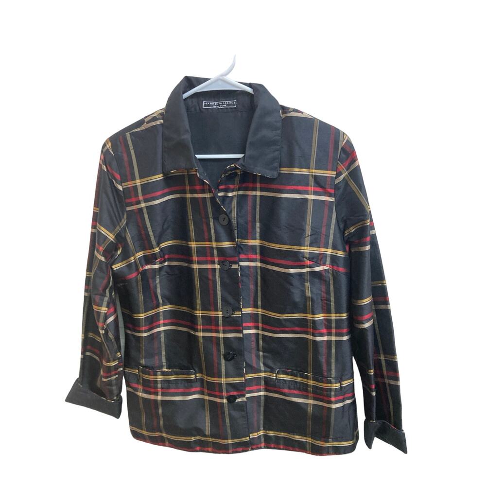 100% Silk Shacket by Harris Wallace Plaid & Reversible‎ Size Large